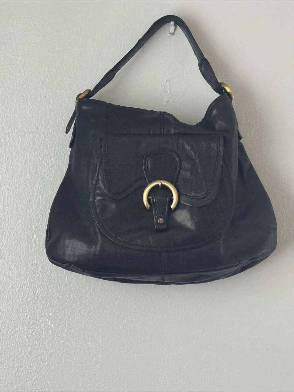 Francesco Biasia Black Leather Hobo Bag Ring Buckle Italian Designer Purse